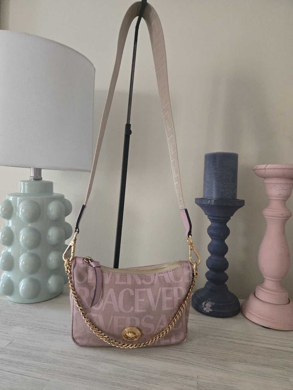 EUC Versace Pink Logo Print Jaquard Mini Baguette Bag With Strap - Picture 15 of 15